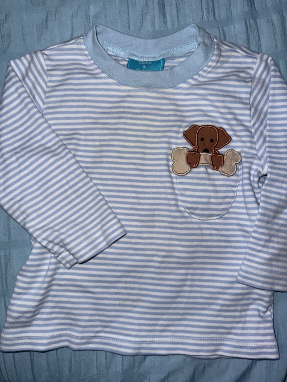 Kids Long Sleeve Striped Tee with Puppy Patch - Light Blue - Claire